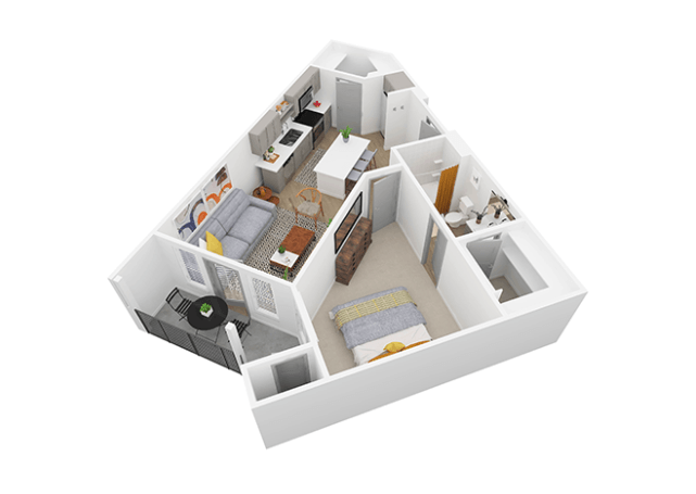 A 3D image of a house layout with a kitchen, living room, and bathroom.