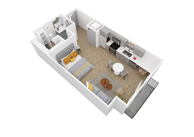 A white floor plan of a small apartment with a kitchen, living room, and bathroom.