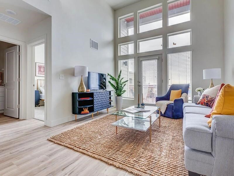 A living room with a grey couch, a blue chair, a glass coffee table, and a rug.