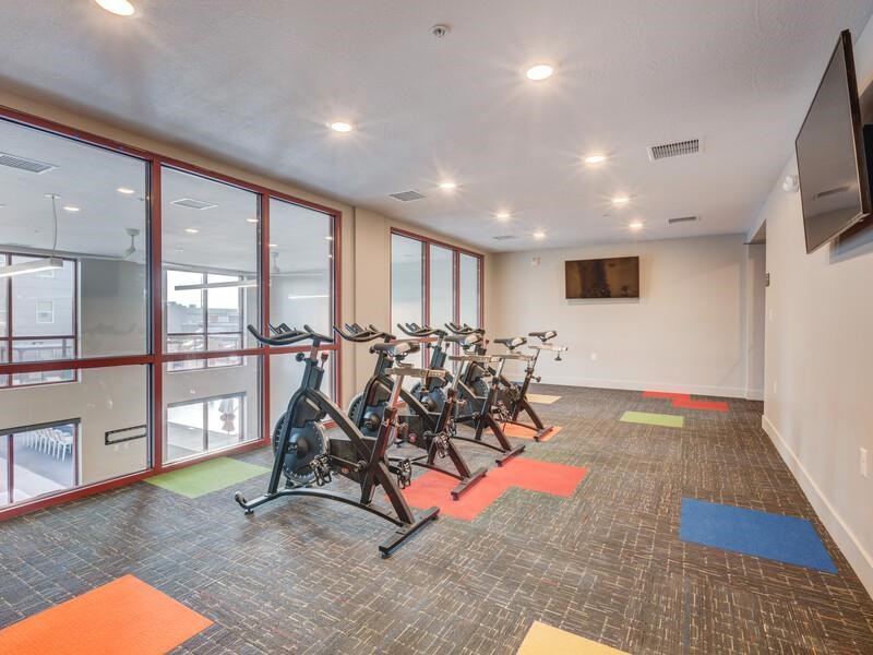 A gym with a row of stationary bikes.