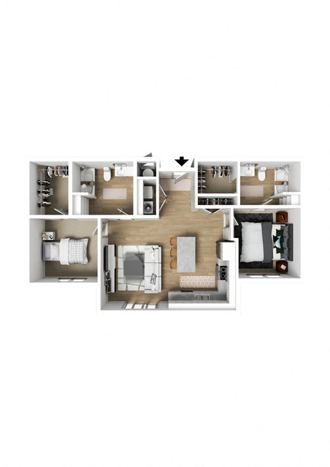 2 Bed 2 Bath Standard Apartment 3DF Floor Plan