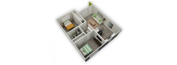 A 3D floor plan of a small apartment with a bedroom, living room, and kitchen.