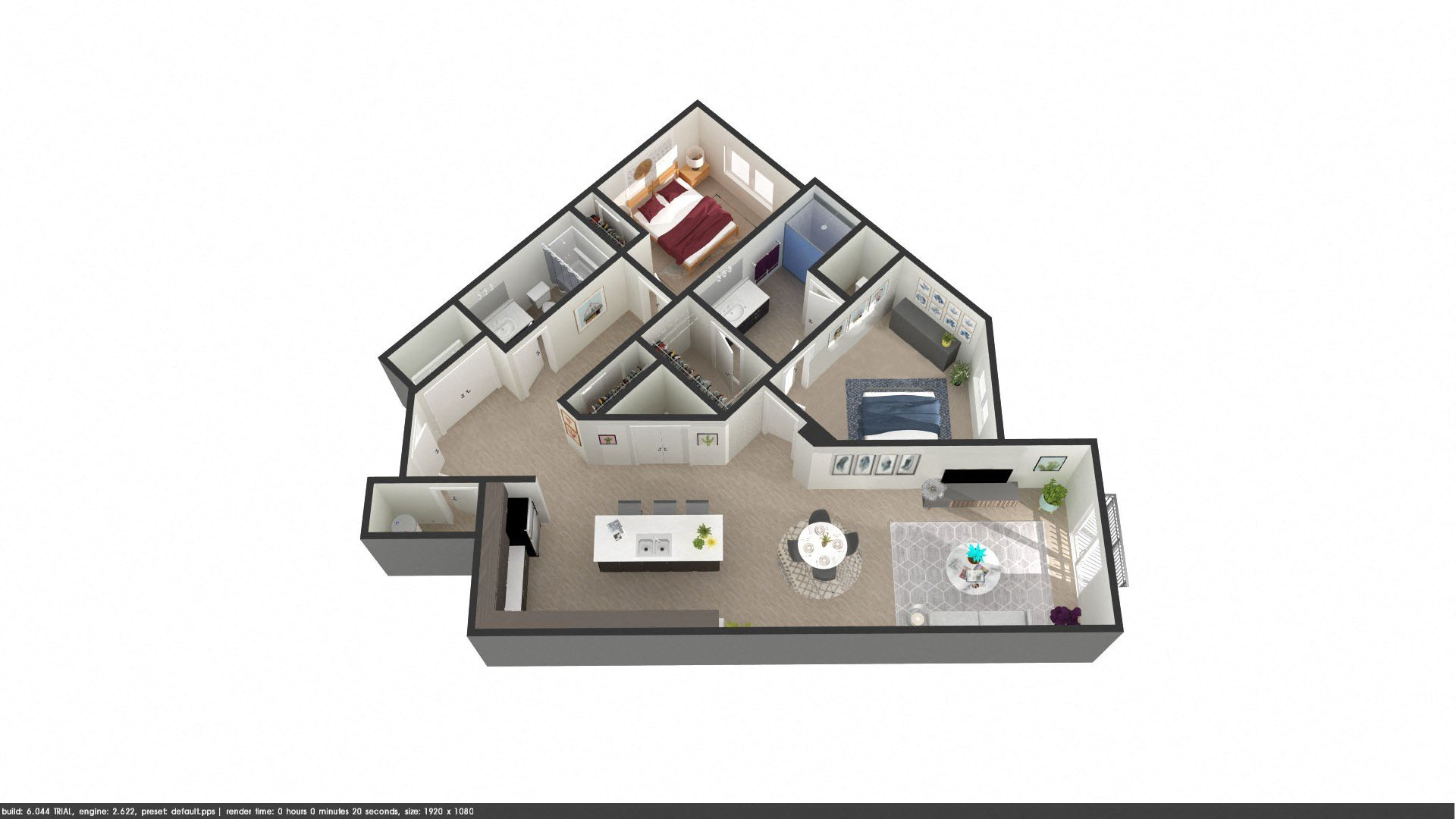 the bedrooms of this apartment are configured as a floor plan