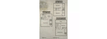 A diagram shows the layout of a three-level apartment with rent and deposit sections.