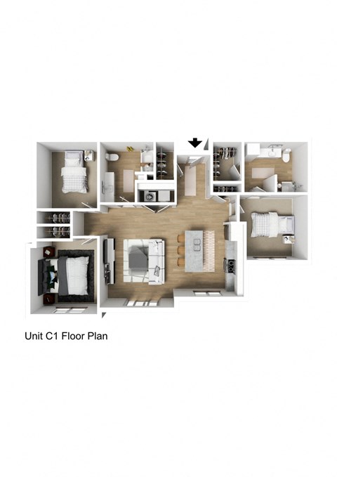 3 Bed 2 Bath Standard Apartment 3DF Floor Plan