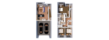 a rendering and a top view of a house and a car