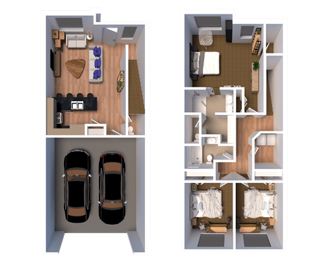 a rendering and a top view of a house and a car