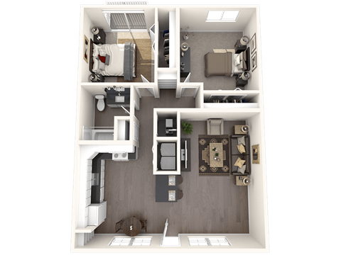 a 3d floor plan of a 2100 sq ft apartment