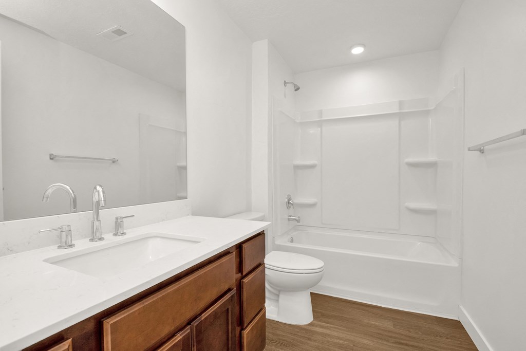 a bathroom with a sink and a toilet and a bath tub