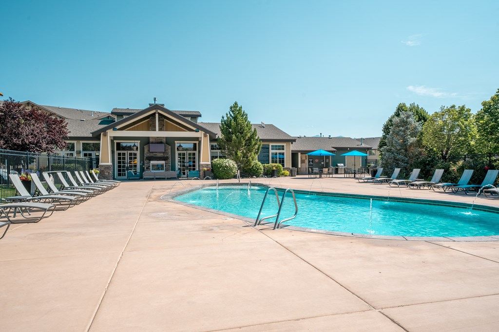 our resort style swimming pool is in front of our apartments at the preserve at green at Aldara Apartments in Saratoga Springs, Utah
