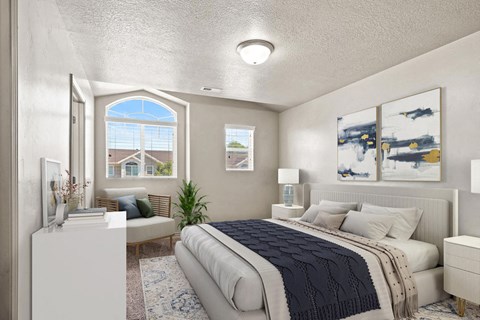 an open bedroom with a bed and a window