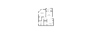 A black and white floor plan of a small apartment with a bedroom, bathroom, living room, and kitchen.