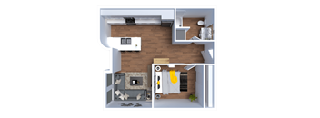 A top-down view of a small apartment with a living room, kitchen, and bathroom.
