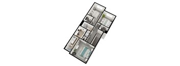 A 3D floor plan of a house with multiple rooms.