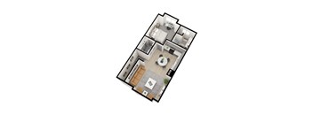 A floor plan of a house with a living room, kitchen, and two bedrooms.