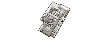 A floor plan of a house with a kitchen, living room, and two bedrooms.