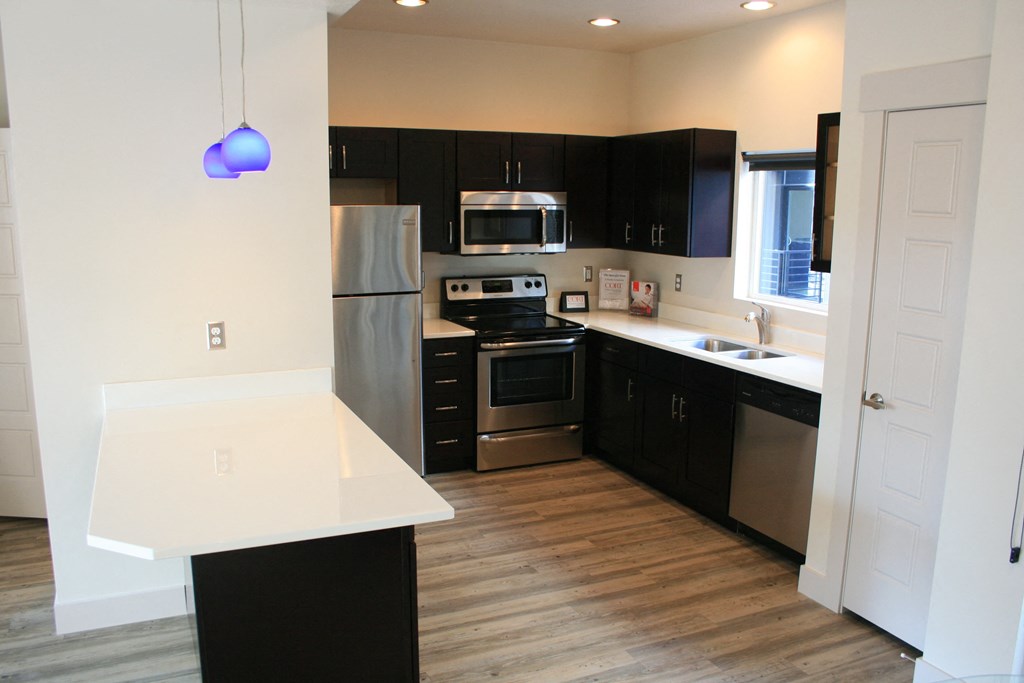 an empty kitchen with black cabinets and stainless steel appliances at BlueKoi Townhomes for rent in Salt Lake City, UT