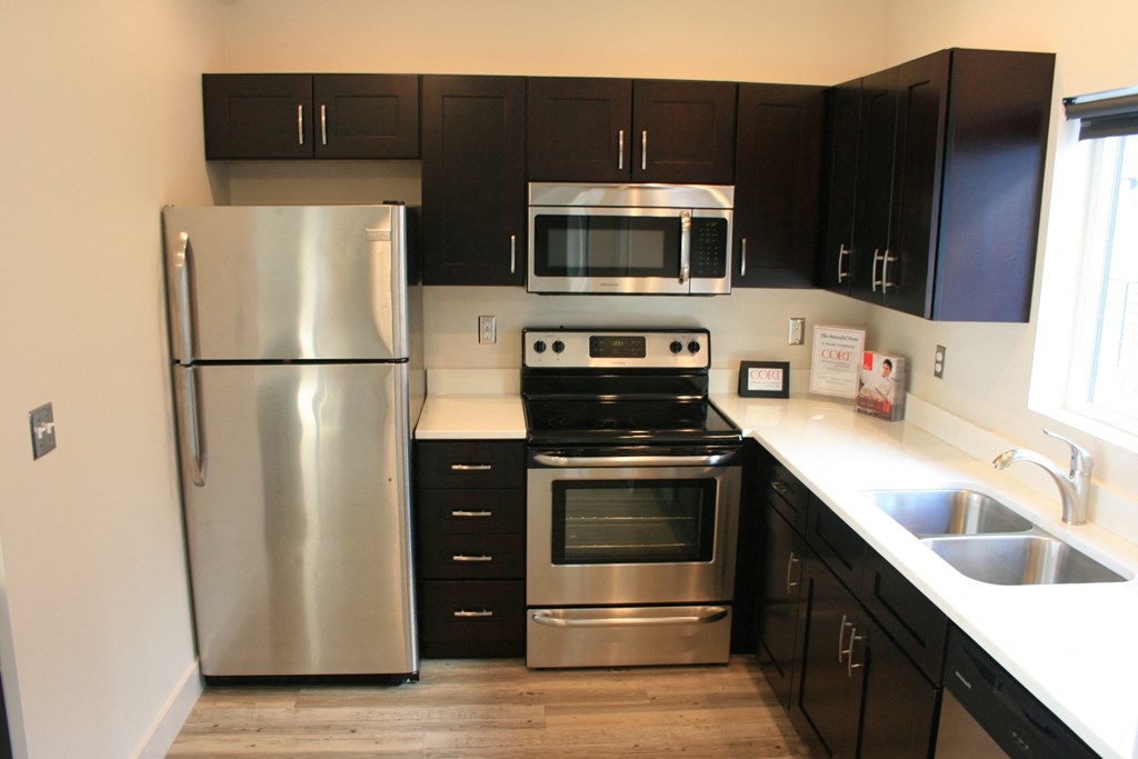 an empty kitchen with stainless steel appliances and black cabinets at BlueKoi Townhomes for rent in Salt Lake City, UT