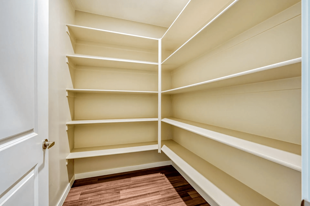 a large walk in closet with empty shelves