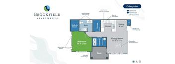 A Brookfield Apartments floor plan shows a well-equipped kitchen, a living room, and a bathroom.