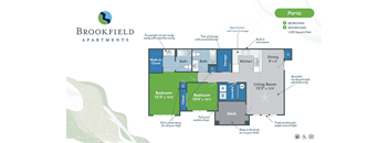 A Brookfield Apartments floor plan shows a living room, two bedrooms, a bathroom, a kitchen, and a deck.