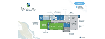 A Brookfield Apartments floor plan for a San Juan apartment includes a living room, three bedrooms, a kitchen, and a deck.