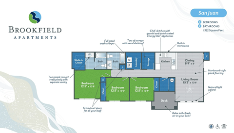 floor plan for the 3 bed apartment for rent at Brookfield Apartments in St. George, Utah