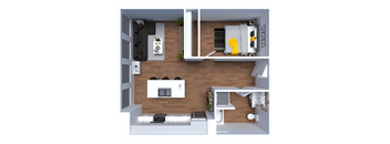 A top-down view of a small, neatly organized apartment with a kitchen, living room, and bedroom.