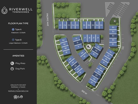 A map of a residential area with Riverwell Townhomes logo and details about the floor plan types and amenities.