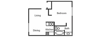 A simple black and white drawing of a house layout with labeled rooms.