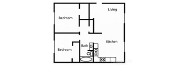 A black and white drawing of a house layout with two bedrooms, a living room, a kitchen, and a bathroom.