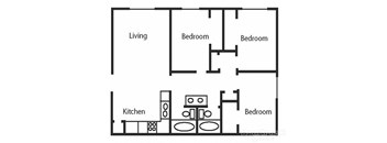 A black and white image of a floor plan for a small apartment.