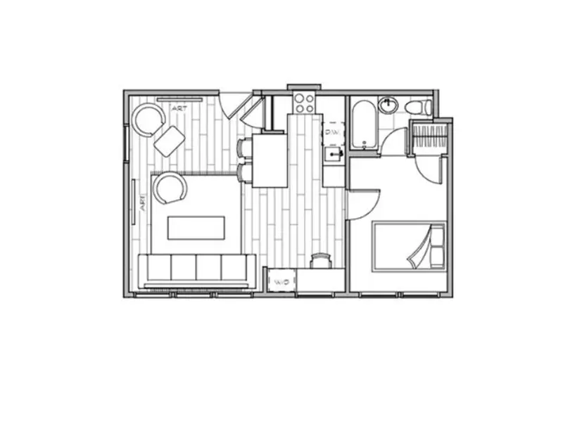 Lotus Cityline Apartments in Downtown Salt Lake City, Utah. 2D floor plan of the 519 square foot 1 bed, 1 bath floor plan