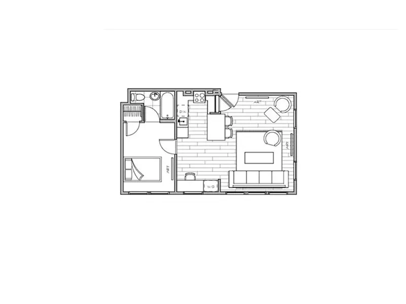 Lotus Cityline Apartments in Downtown Salt Lake City, Utah. 2D floor plan of the 513 square foot 1 bed, 1 bath floor plan