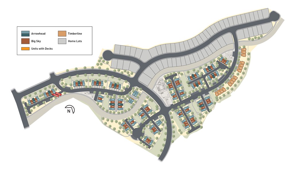 A map of a housing development with a legend indicating the colors for Arrowhead, Timberline, Big Sky, and Home Lots.