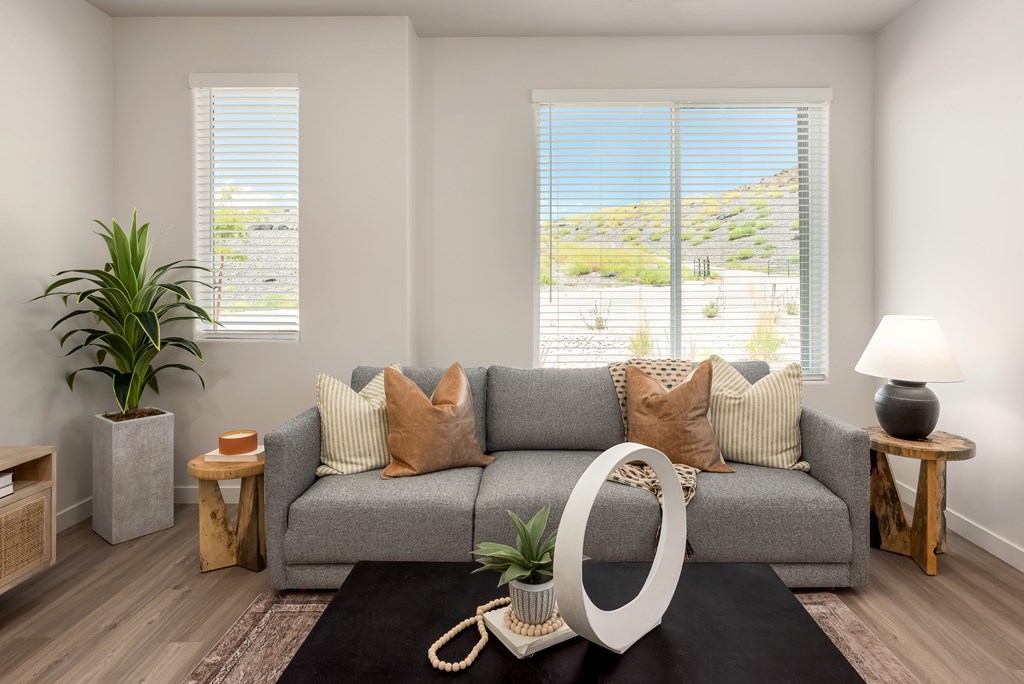 A living room with a grey couch, a round mirror, and a potted plant.