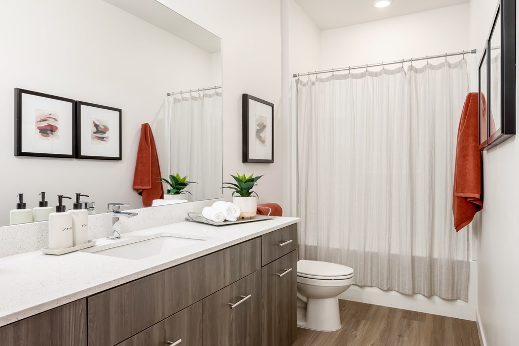 A bathroom with a white countertop and a white toilet.