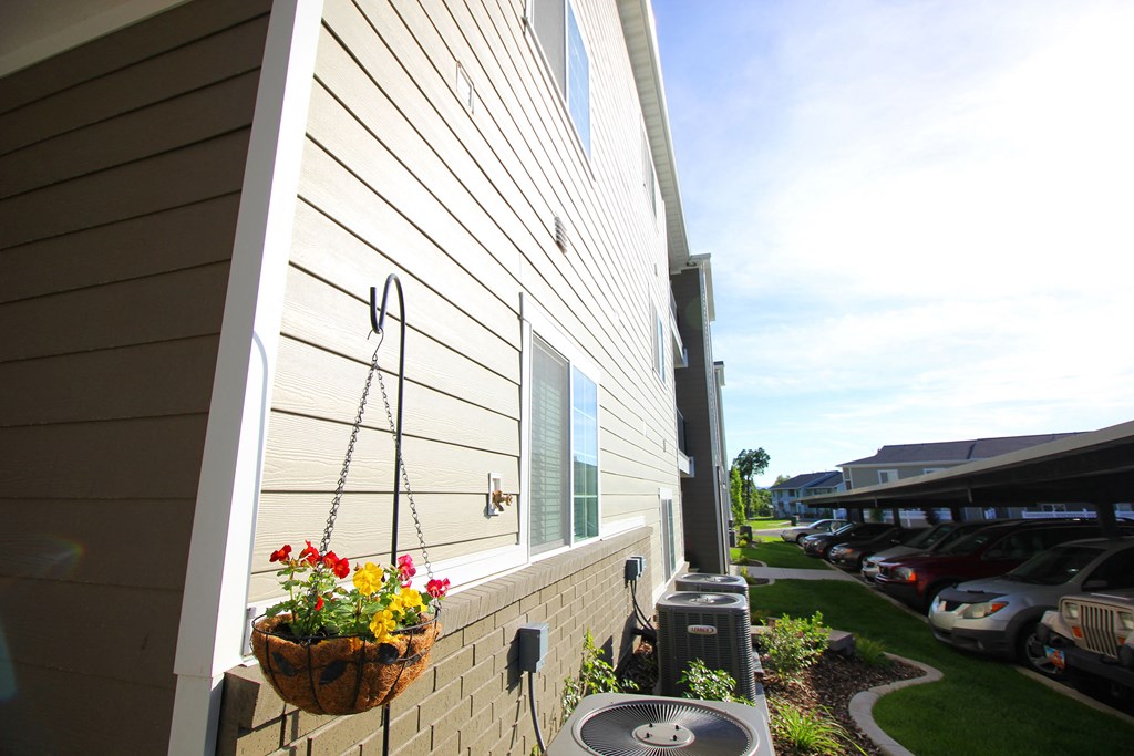 a basket of flowers hangs on the side of a building