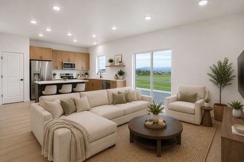 A modern living room with a large sectional sofa and a coffee table.