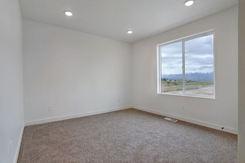 A room with a carpet floor and a window showing a view of the outdoors.