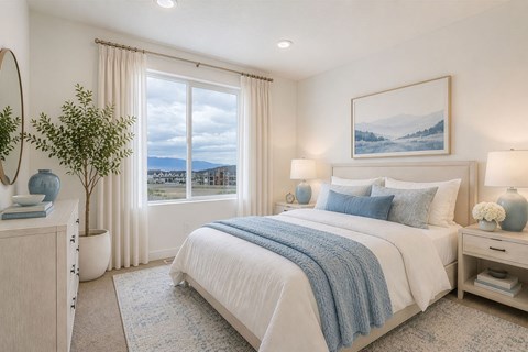 A bedroom with a large bed, a dresser, and a painting on the wall.