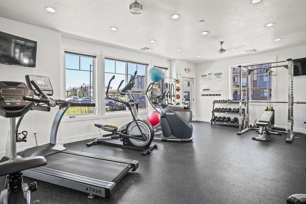 A gym with treadmills, elliptical machines, and weights.