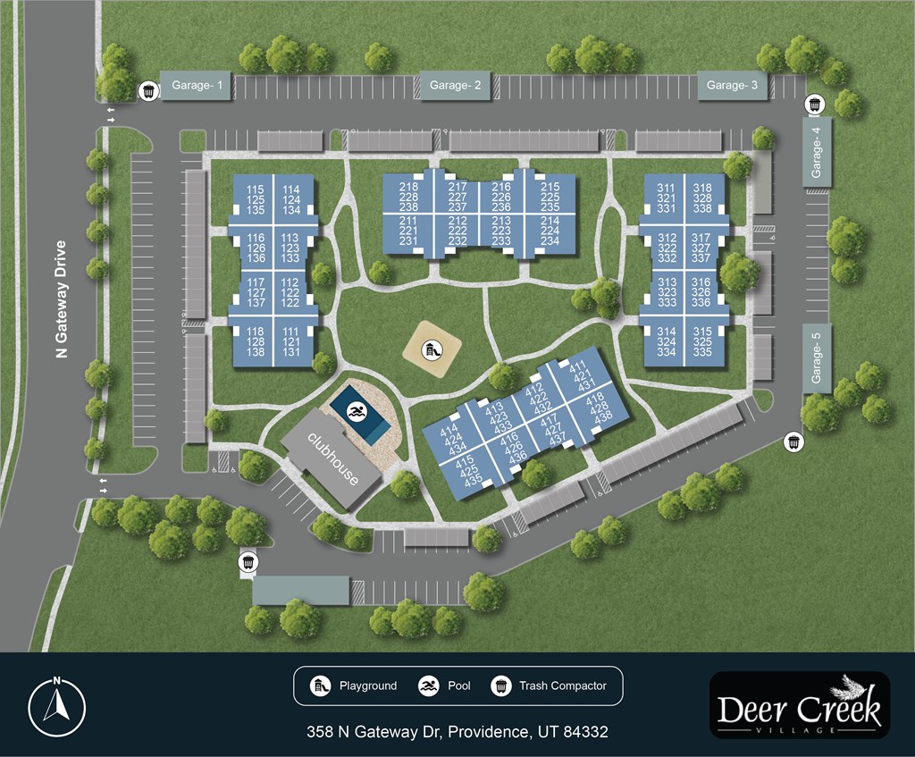 A map of a park with a playground, pool, and trash compactor.