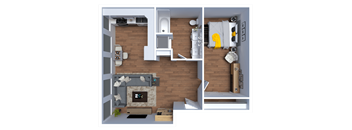 A 3D floor plan of a small apartment with a living room, kitchen, and bedroom.