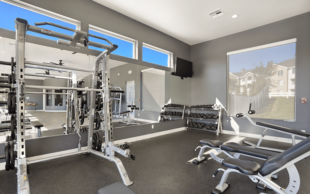 A well-equipped gym with a variety of machines and weights.