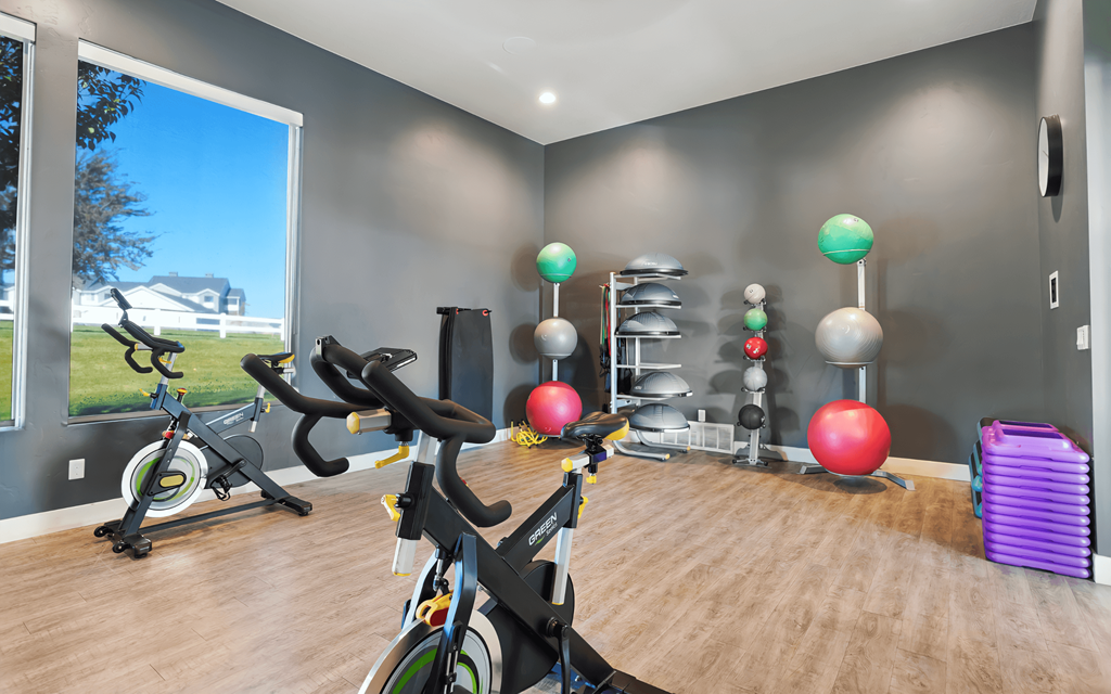 A room with a purple exercise ball and a stationary bike.