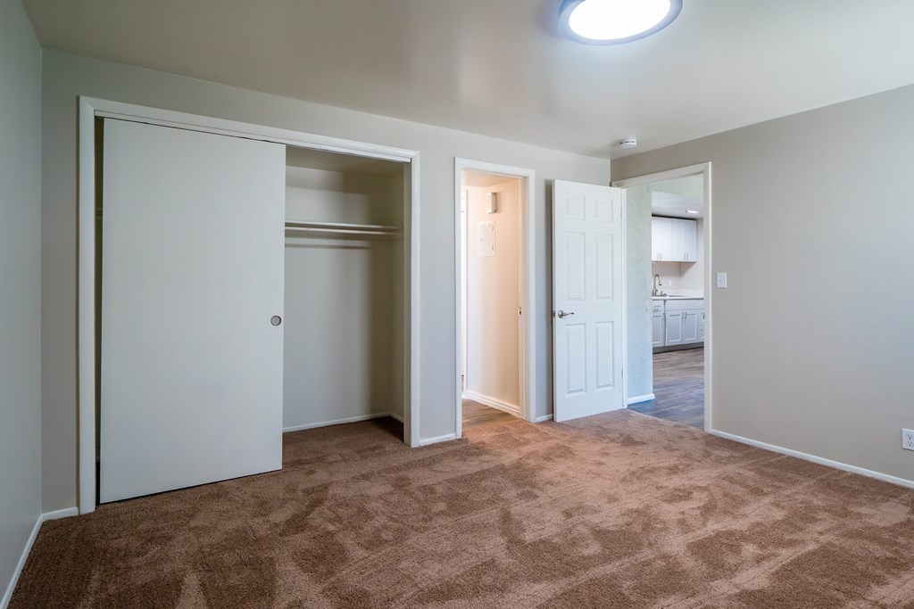 A room with a carpeted floor and a white door.