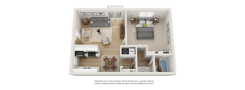 A top down view of a small apartment with a bedroom, living room, kitchen, and bathroom.