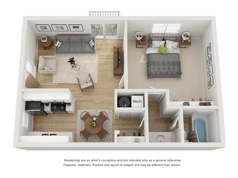A top down view of a small apartment with a bedroom, living room, kitchen, and bathroom.