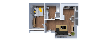 A 3D floor plan of a small apartment with a living room, kitchen, and bedroom.